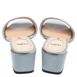 Pre Owned Fendi Blue Satin Logo Embroidered Block Heel Slides Size 35