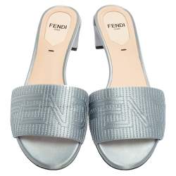 Pre Owned Fendi Blue Satin Logo Embroidered Block Heel Slides Size 35