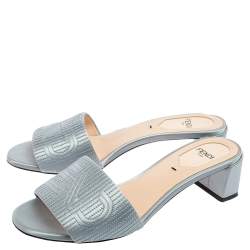 Pre Owned Fendi Blue Satin Logo Embroidered Block Heel Slides Size 35