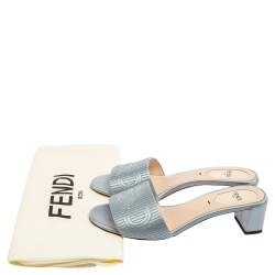 Pre Owned Fendi Blue Satin Logo Embroidered Block Heel Slides Size 35