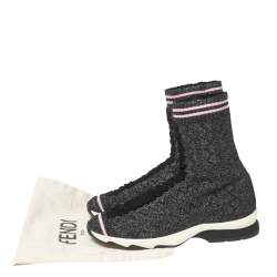 Fendi Black/Silver Glitter Knit Fabric High-Top Sock Sneakers Size 38