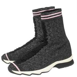 Fendi Black/Silver Glitter Knit Fabric High-Top Sock Sneakers Size 38