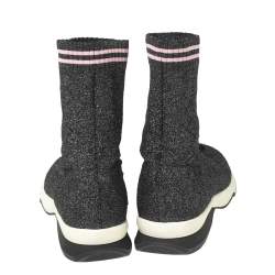 Fendi Black/Silver Glitter Knit Fabric High-Top Sock Sneakers Size 38