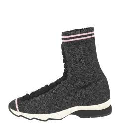 Fendi Black/Silver Glitter Knit Fabric High-Top Sock Sneakers Size 38