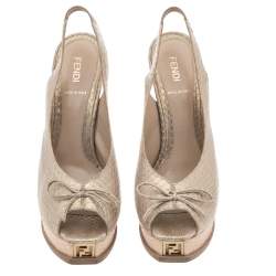 Pre Owned Fendi Metallic Gold Python Fendista Bow Slingback Platform Sandals Size 39