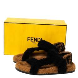 Pre Owned Fendi Brown/Black Shearling Fur Ankle Strap Flat Sandals Size 41