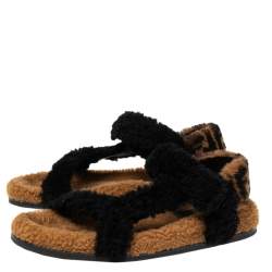 Pre Owned Fendi Brown/Black Shearling Fur Ankle Strap Flat Sandals Size 41