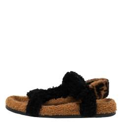 Pre Owned Fendi Brown/Black Shearling Fur Ankle Strap Flat Sandals Size 41