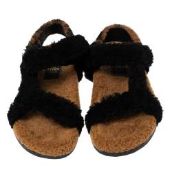 Pre Owned Fendi Brown/Black Shearling Fur Ankle Strap Flat Sandals Size 41