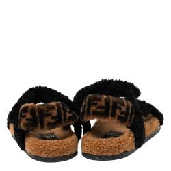 Pre Owned Fendi Brown/Black Shearling Fur Ankle Strap Flat Sandals Size 41