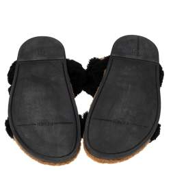 Pre Owned Fendi Brown/Black Shearling Fur Ankle Strap Flat Sandals Size 41