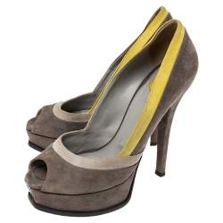 Pre Owned Fendi Grey/Yellow Suede Fendista Peep Toe Platform Pumps Size 39