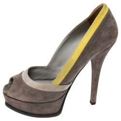 Pre Owned Fendi Grey/Yellow Suede Fendista Peep Toe Platform Pumps Size 39