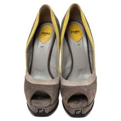 Pre Owned Fendi Grey/Yellow Suede Fendista Peep Toe Platform Pumps Size 39