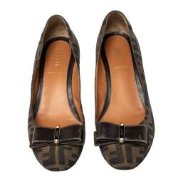 Pre Owned Fendi Brown FF Canvas And Leather Bow Wedge Pumps Size 37.5