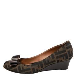 Pre Owned Fendi Brown FF Canvas And Leather Bow Wedge Pumps Size 37.5