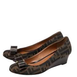 Pre Owned Fendi Brown FF Canvas And Leather Bow Wedge Pumps Size 37.5