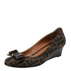 Pre Owned Fendi Brown FF Canvas And Leather Bow Wedge Pumps Size 37.5