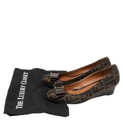 Pre Owned Fendi Brown FF Canvas And Leather Bow Wedge Pumps Size 37.5