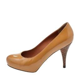 Pre Owned Fendi Caramel Patent Leather Platform FF Superstar Pumps Size 36.5