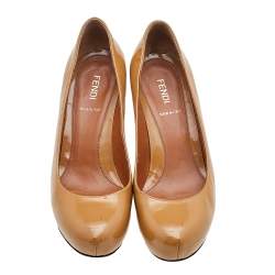 Pre Owned Fendi Caramel Patent Leather Platform FF Superstar Pumps Size 36.5