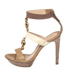 Fendi Beige/Brown Leather Chain Ankle Strap Sandals Size 38