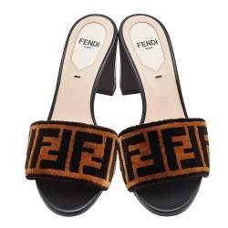 Pre Owned Fendi Brown FF Zucca Velvet Slide Sandals Size 35