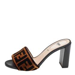 Pre Owned Fendi Brown FF Zucca Velvet Slide Sandals Size 35