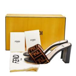 Pre Owned Fendi Brown FF Zucca Velvet Slide Sandals Size 35