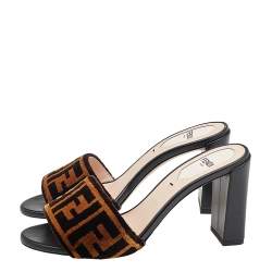 Pre Owned Fendi Brown FF Zucca Velvet Slide Sandals Size 35