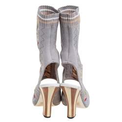 Pre Owned Fendi Grey Knit Fabric Flower Embroidered Cutout Open Square Toe Sandals Size 39