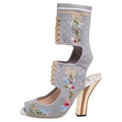Pre Owned Fendi Grey Knit Fabric Flower Embroidered Cutout Open Square Toe Sandals Size 39