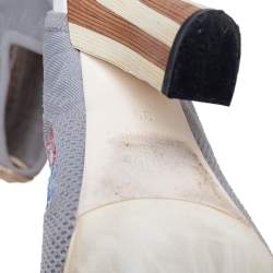 Pre Owned Fendi Grey Knit Fabric Flower Embroidered Cutout Open Square Toe Sandals Size 39