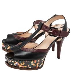 Pre Owned Fendi Multicolor Embossed Lizard Leather And Leather T-Strap Platform Sandals Size 39