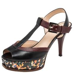 Pre Owned Fendi Multicolor Embossed Lizard Leather And Leather T-Strap Platform Sandals Size 39