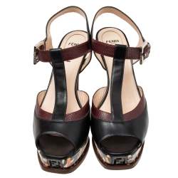 Pre Owned Fendi Multicolor Embossed Lizard Leather And Leather T-Strap Platform Sandals Size 39