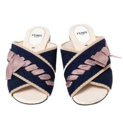 Pre Owned Fendi Navy Blue/ Pink Crisscross Knit and Fabric Bow Flat Slides Size 36