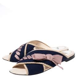 Pre Owned Fendi Navy Blue/ Pink Crisscross Knit and Fabric Bow Flat Slides Size 36
