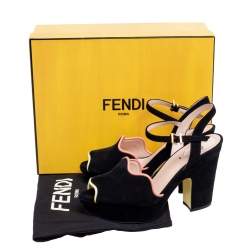 مملوكة مسبقًا Fendi Black Suede and Scalloped Leather Trim Platform Ankle-Strap Sandals Size 38.5