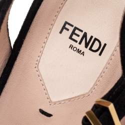 مملوكة مسبقًا Fendi Black Suede and Scalloped Leather Trim Platform Ankle-Strap Sandals Size 38.5