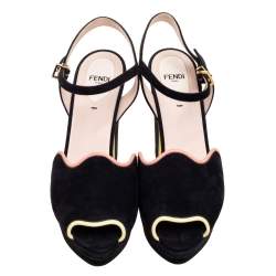 مملوكة مسبقًا Fendi Black Suede and Scalloped Leather Trim Platform Ankle-Strap Sandals Size 38.5