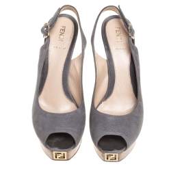 Pre Owned Fendi Grey Nubuck Leather Fendista  Slingback Pumps Size 38.5