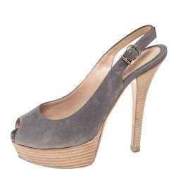Pre Owned Fendi Grey Nubuck Leather Fendista  Slingback Pumps Size 38.5