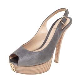 Pre Owned Fendi Grey Nubuck Leather Fendista  Slingback Pumps Size 38.5