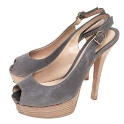 Pre Owned Fendi Grey Nubuck Leather Fendista  Slingback Pumps Size 38.5