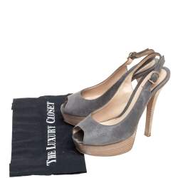 Pre Owned Fendi Grey Nubuck Leather Fendista  Slingback Pumps Size 38.5