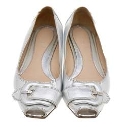 Pre Owned Fendi Metallic Silver Leather Buckle Peep Toe Ballet Flats Size 38.5