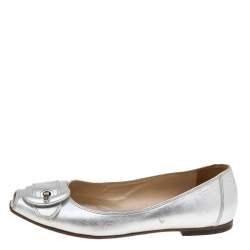 Pre Owned Fendi Metallic Silver Leather Buckle Peep Toe Ballet Flats Size 38.5