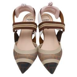 Pre Owned Fendi Brown/Beige Zucca Mesh And Leather Colibri Slingback Sandals Size 36