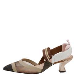 Pre Owned Fendi Brown/Beige Zucca Mesh And Leather Colibri Slingback Sandals Size 36